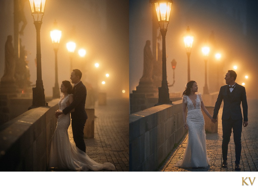 Elegant couple enjoying foggy Charles Bridge 