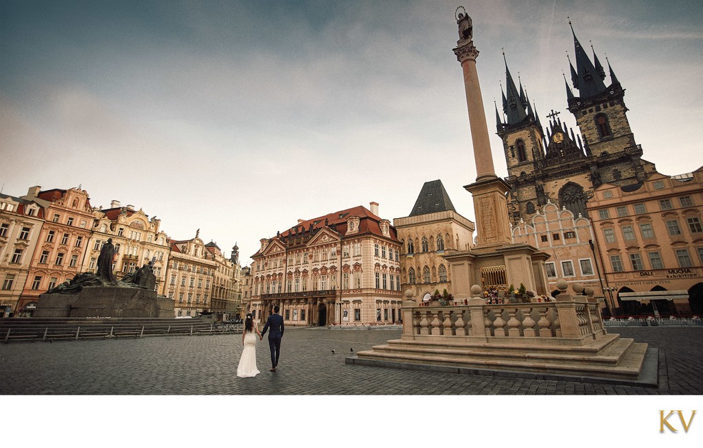Bride & Groom enjoying the landscape of Prague Old Town