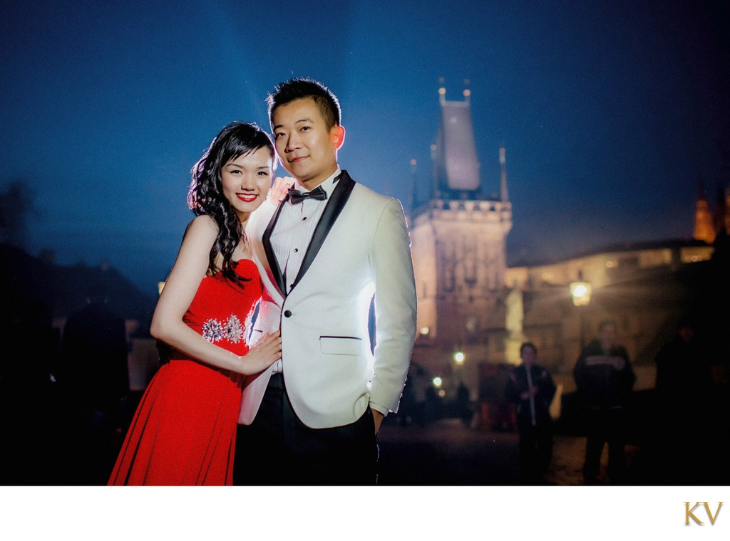 stylish Hong Kong newlyweds Charles Bridge at night