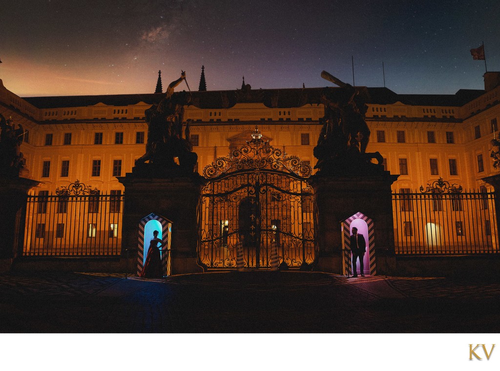 love in the guard shack Prague Castle at night