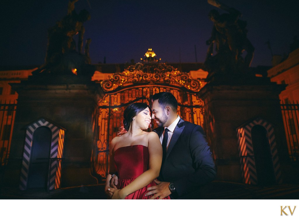 Sexy LA couple at Prague Castle at night