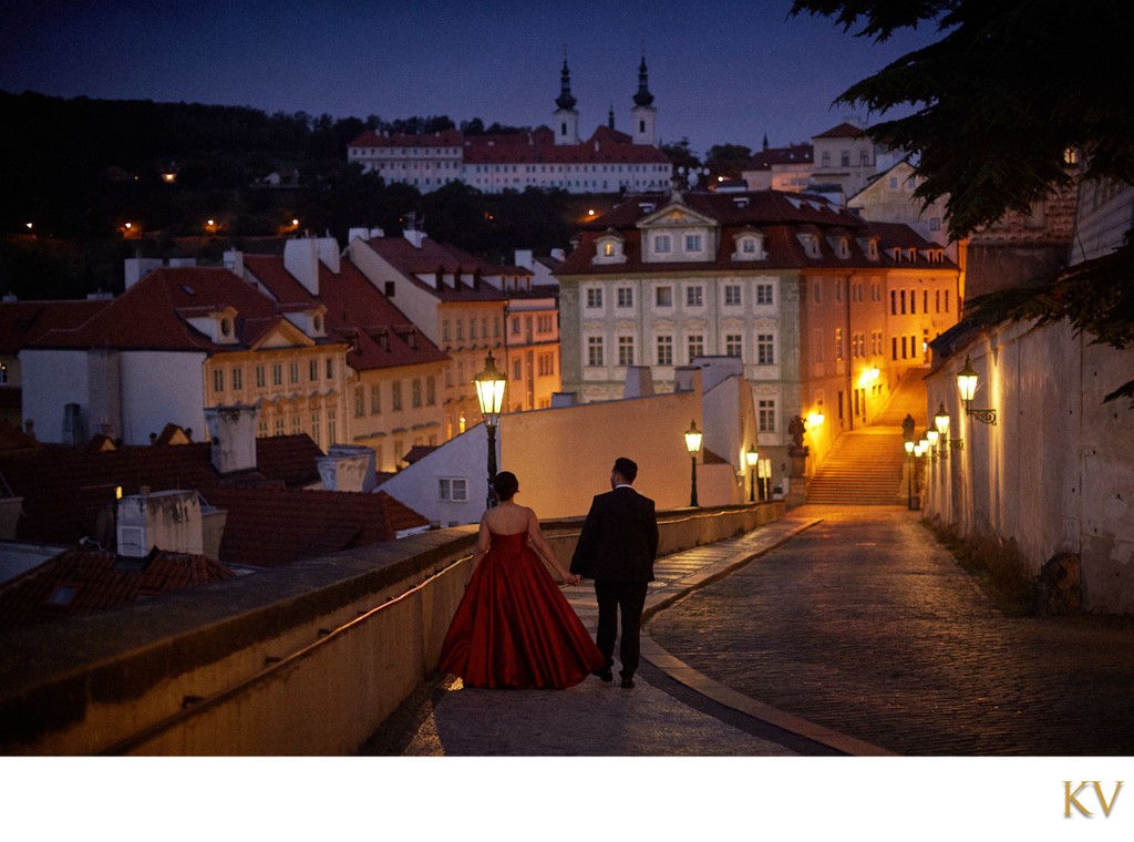 Walking through the medieval streets of Prague at night