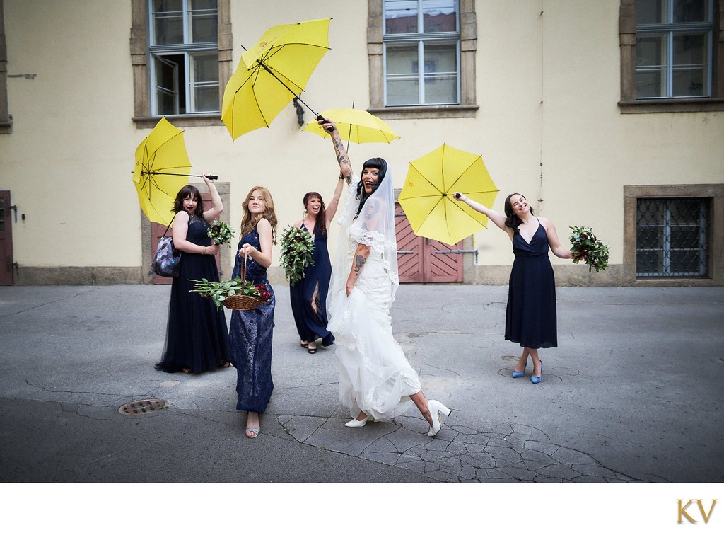 Bride, Bridesmaids, Yellow Umbrellas