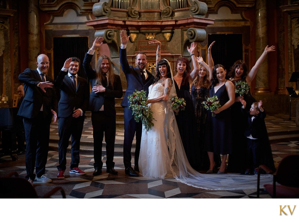 bride & groom, friends at altar