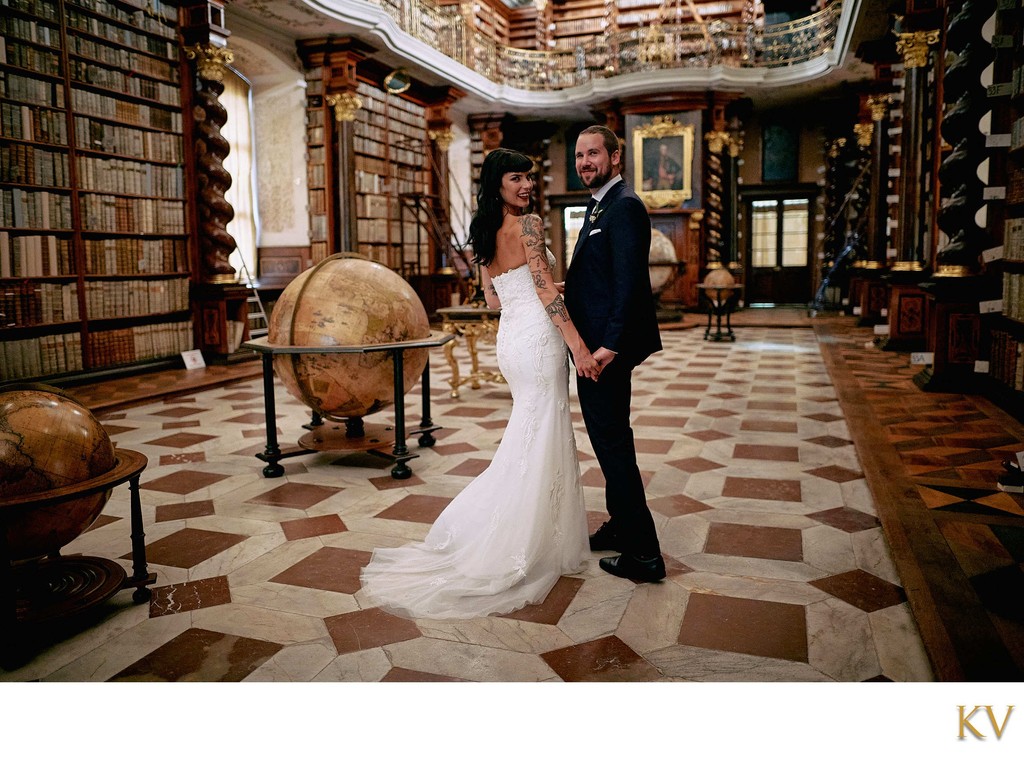 Sexy, tattooed, hip newlyweds exploring library