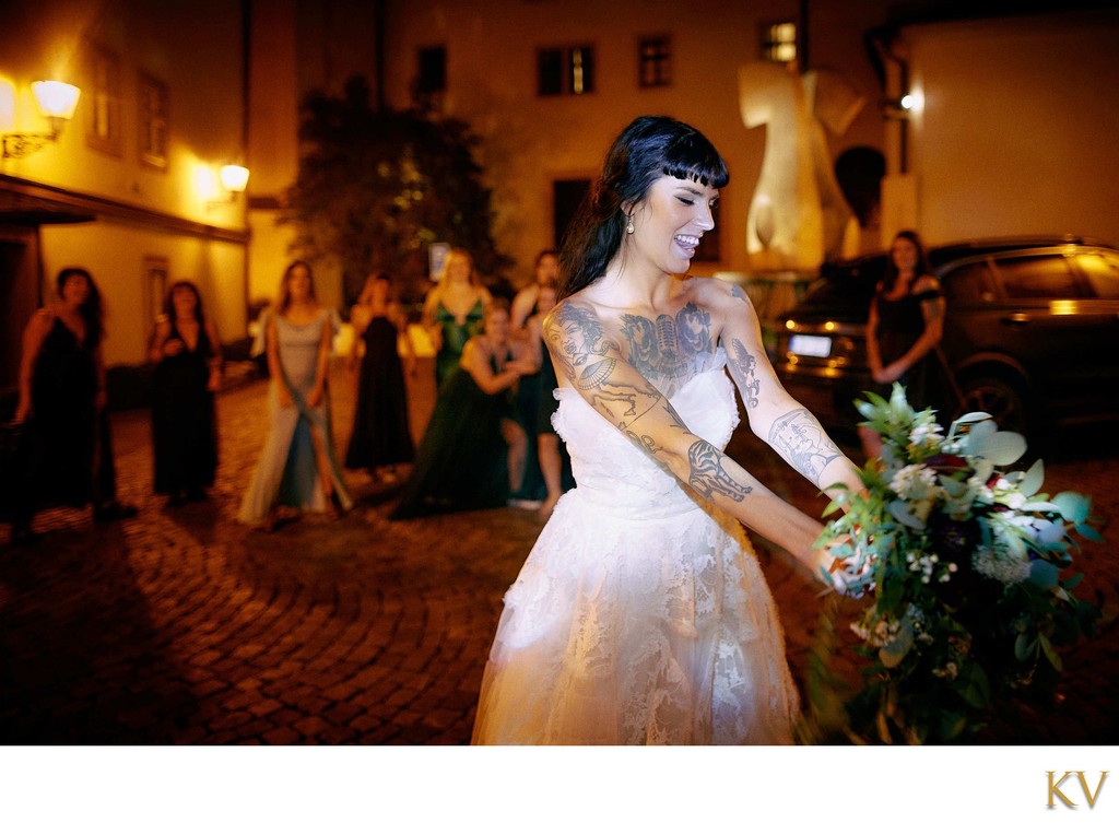 Bride prepares to toss the bouquet