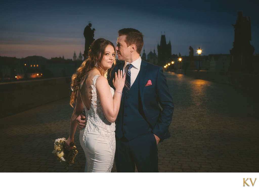 Stylish Newlyweds Atop Charles Bridge