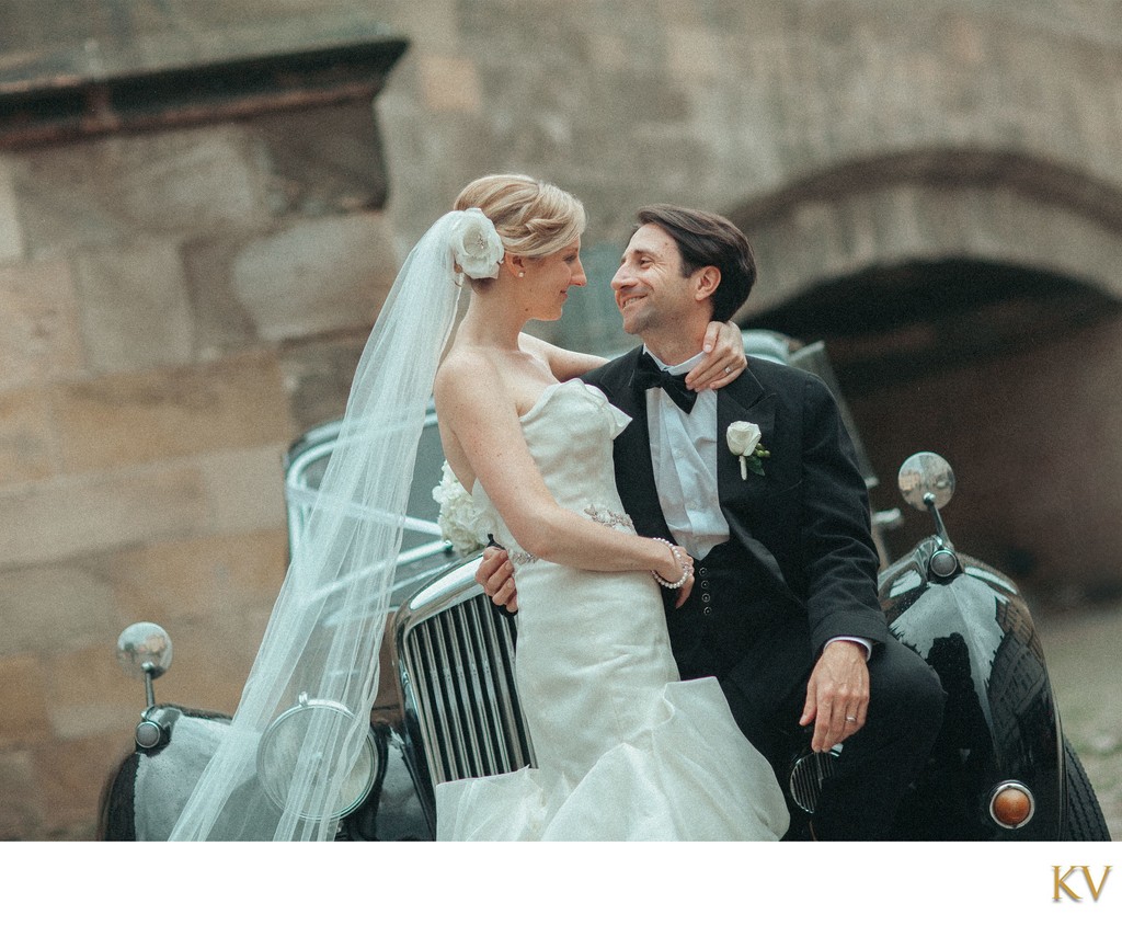 Elegant Washington D.C. newlyweds with vintage car