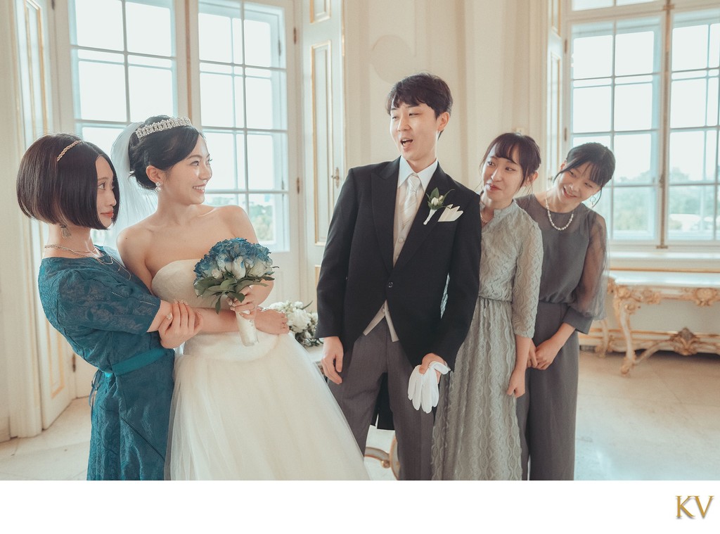 Bride and groom with friends