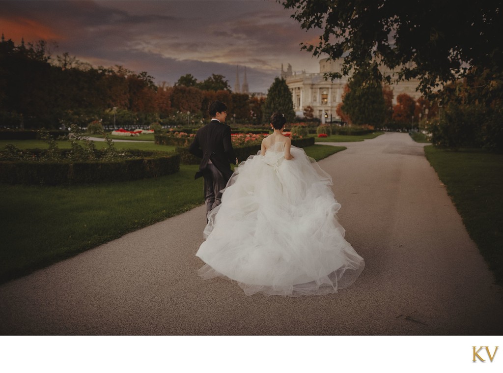 newlyweds at sunset