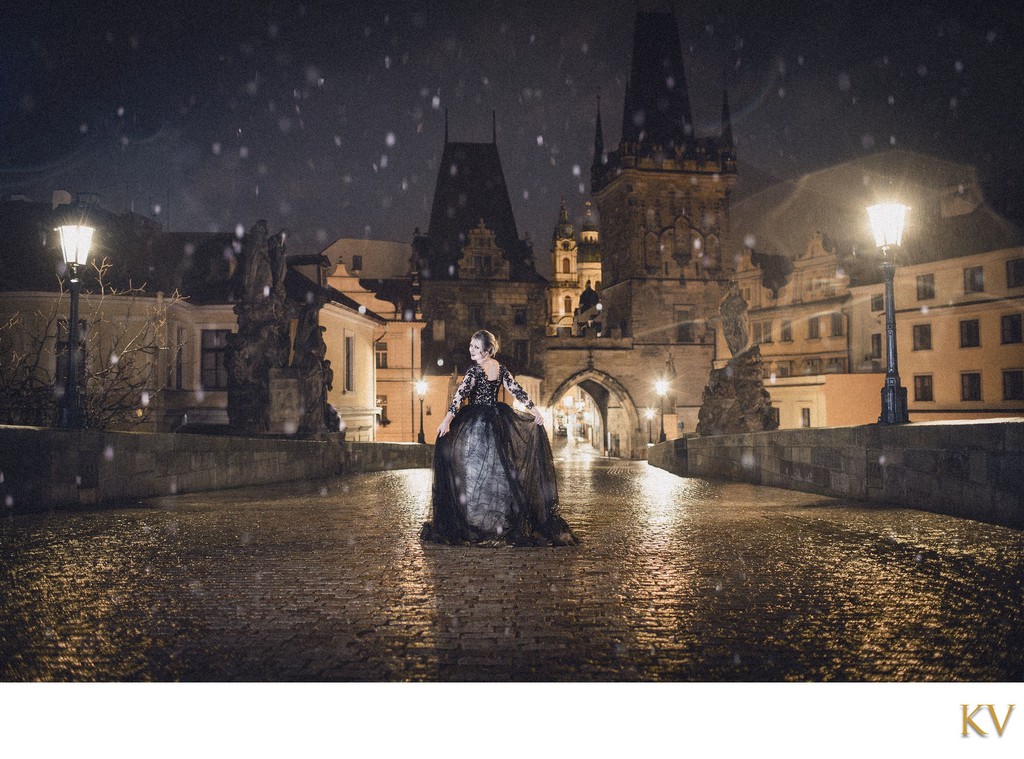 Gothic Bride wearing black dress Charles Bridge Prague