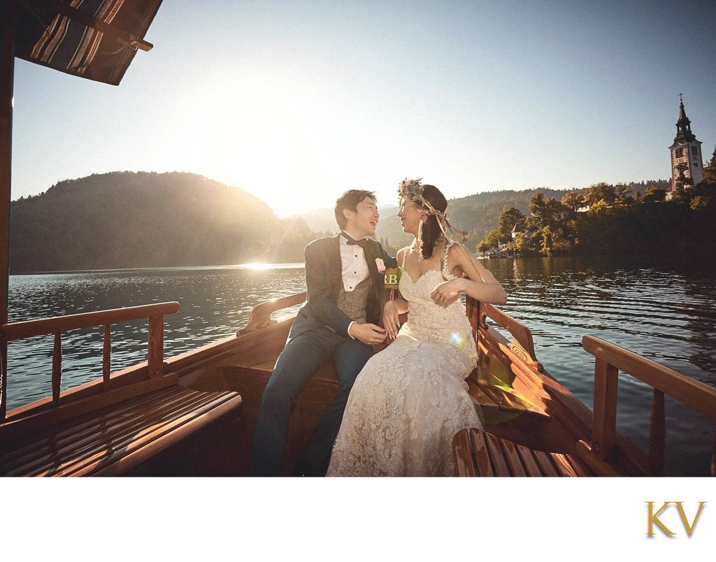 happy newlyweds in boat