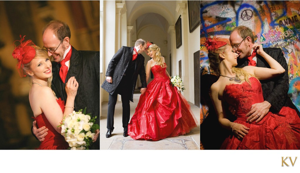 A Red Wedding Dress Wearing Bride & Her Stylish Groom Who Married In Prague