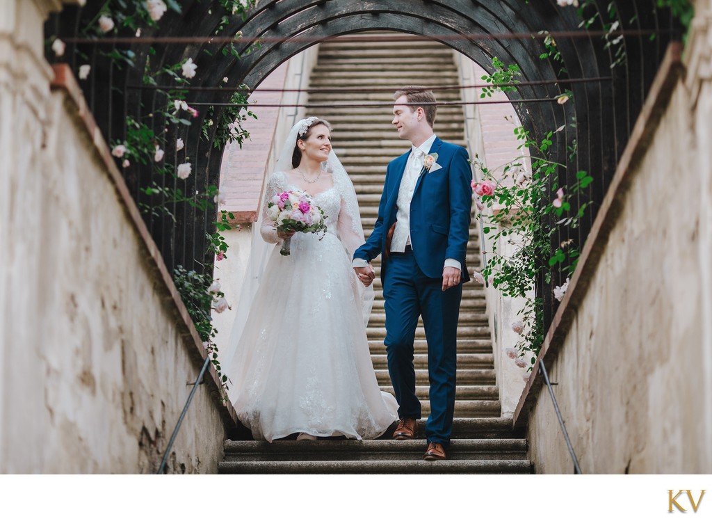 newlyweds exploring garden