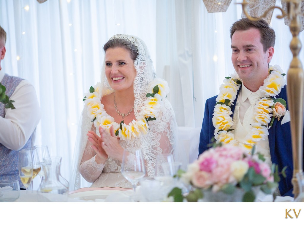 Newlyweds wearing Hawaiian Lei's at Villa Richter