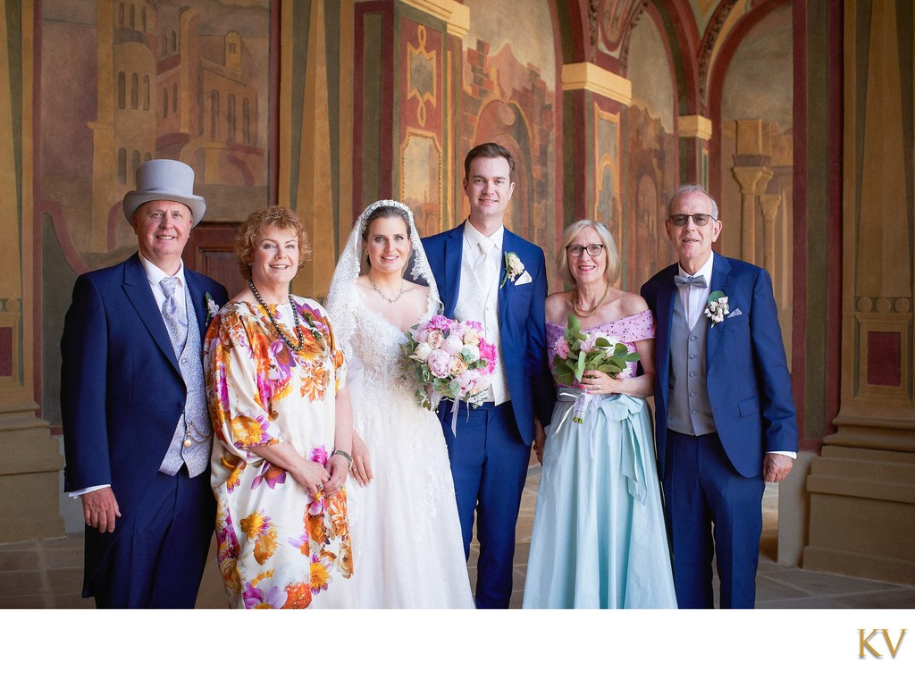 Newlyweds and parents pose for the family photo at the Ledebour Garden