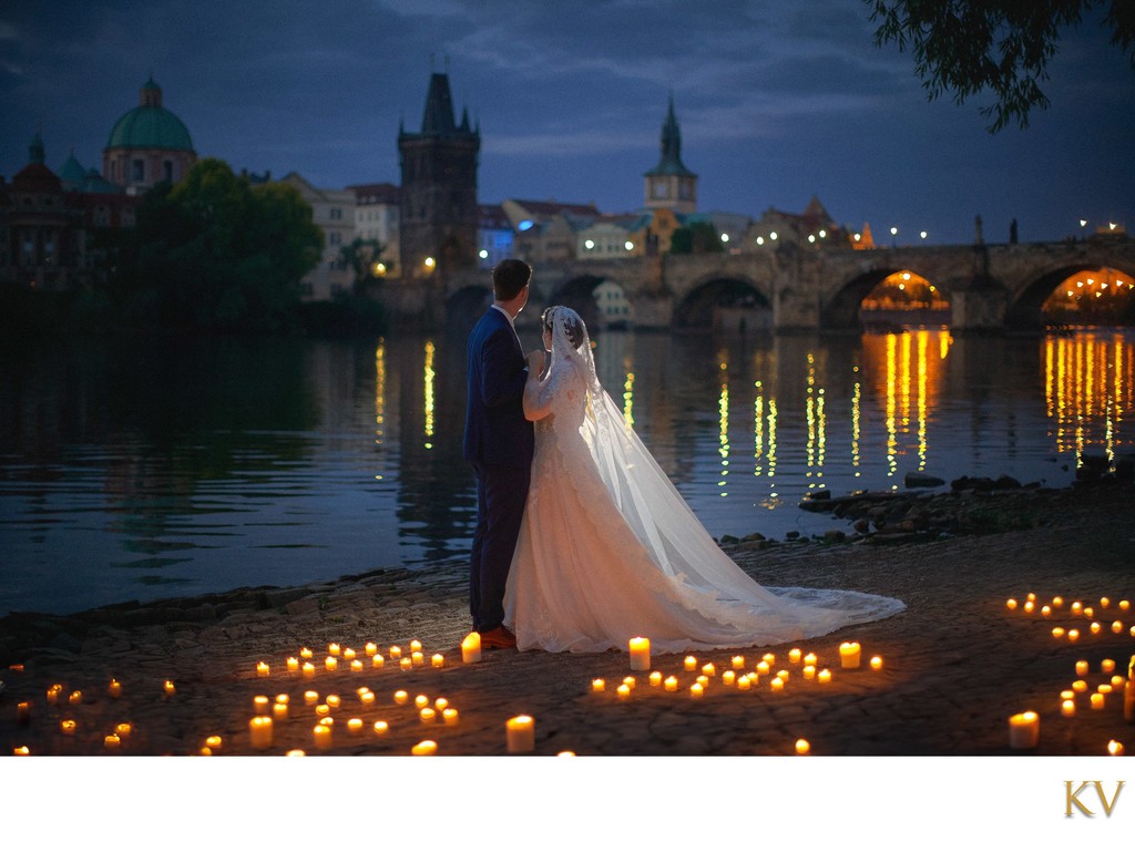 Candlelit romance near the Vltava at night