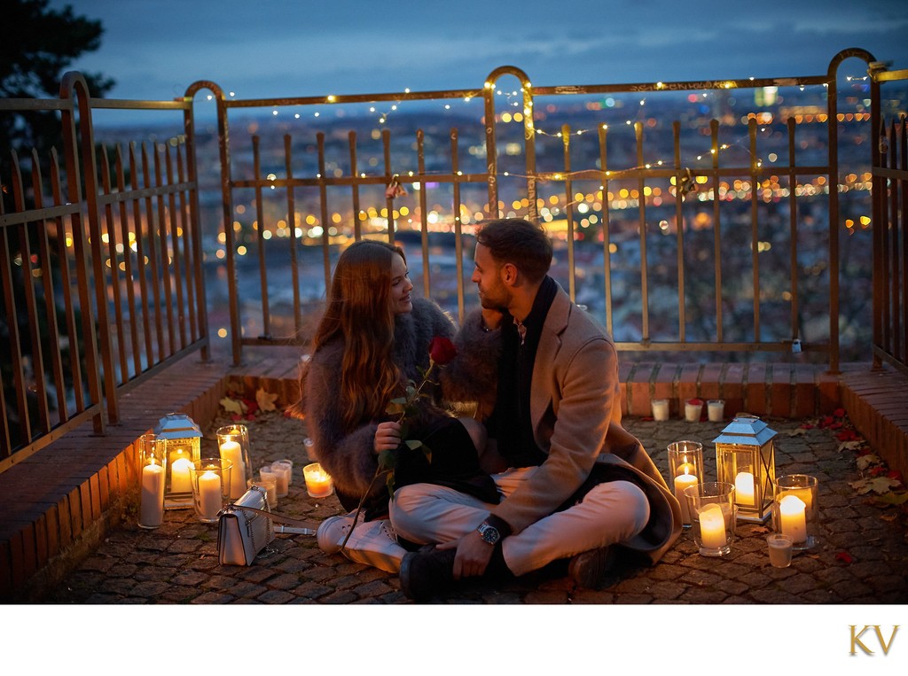 Romantic Prague Marriage Proposal at Night Overlooking City