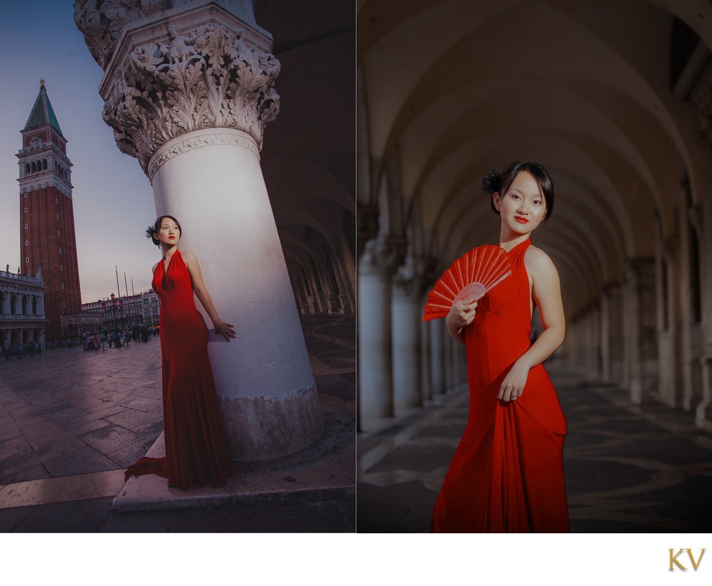 Thai Woman In Stylish Red Dress Posing In Venice