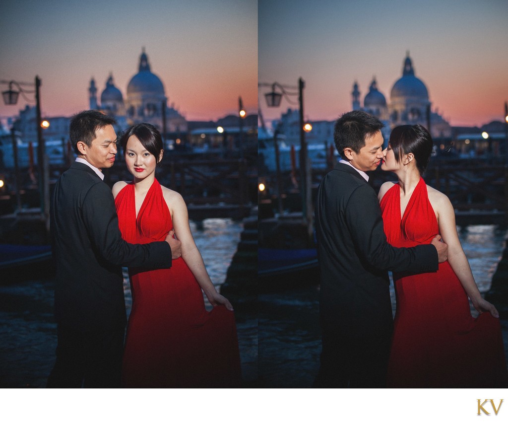 Thai Couple Embracing Near Gondola at Sunset in Venice