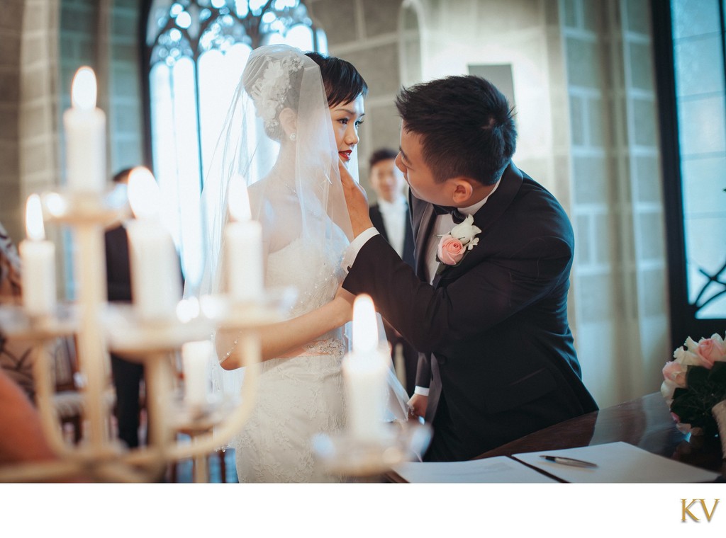 Groom Caressing Bride's Face Castle Hluboka Wedding