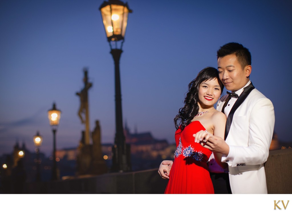 Elegant Hong Kong couple at night Prague pre-wedding