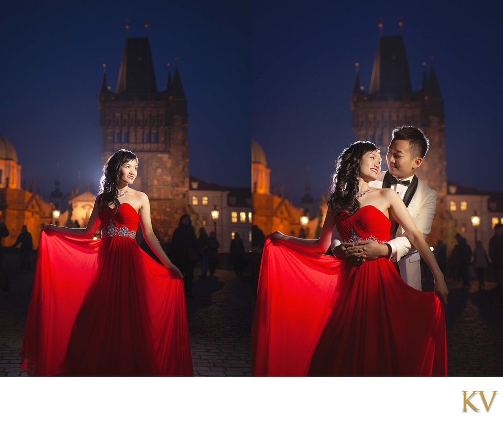 Elegant Hong Kong Couple Posing Atop Charles Bridge at Night