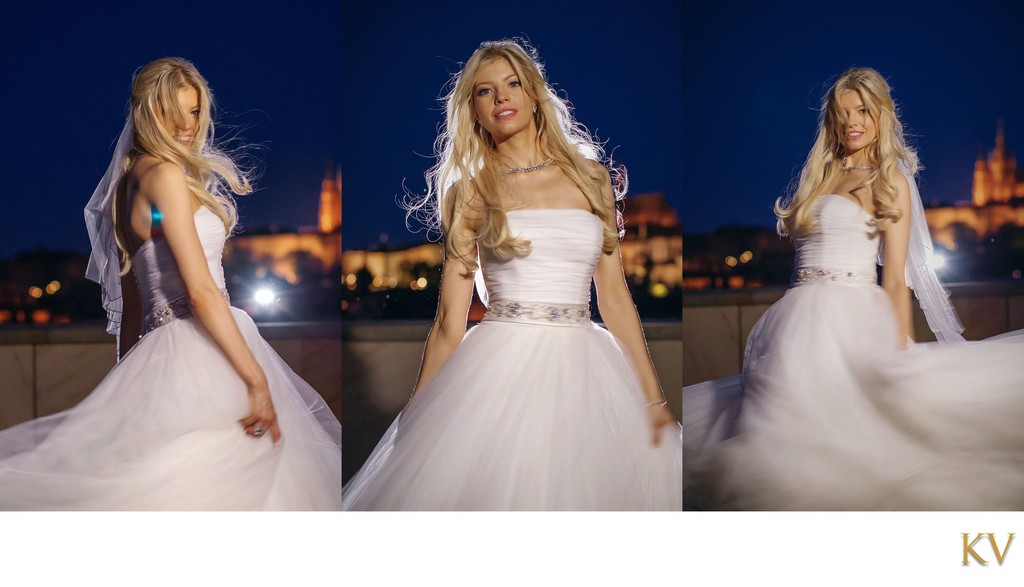 Julia twirling her wedding dress atop Four Seasons Prague