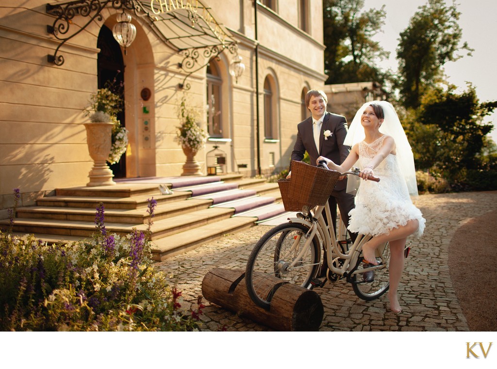 Chateau Mcely Newlyweds Enjoying Bikes on Wedding Day