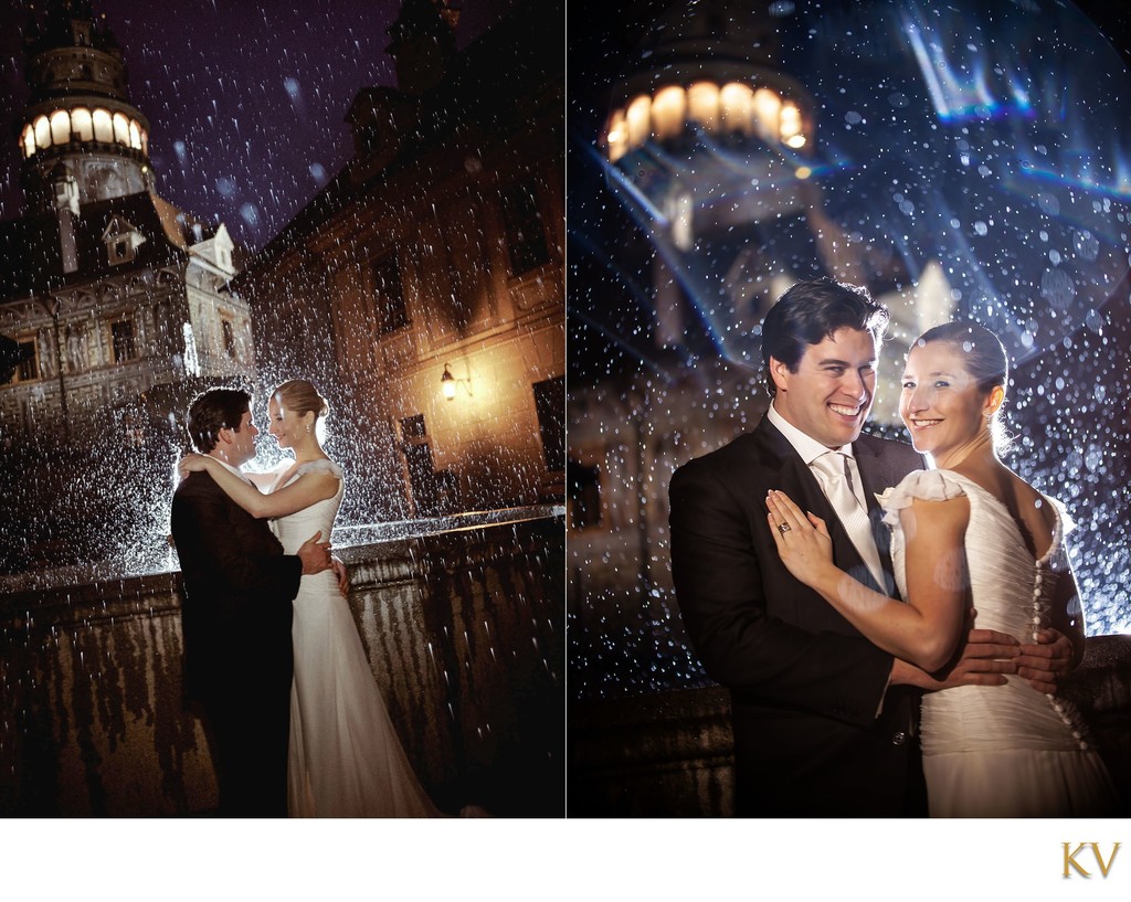 Newlyweds in pouring rain Cesky Krumlov wedding