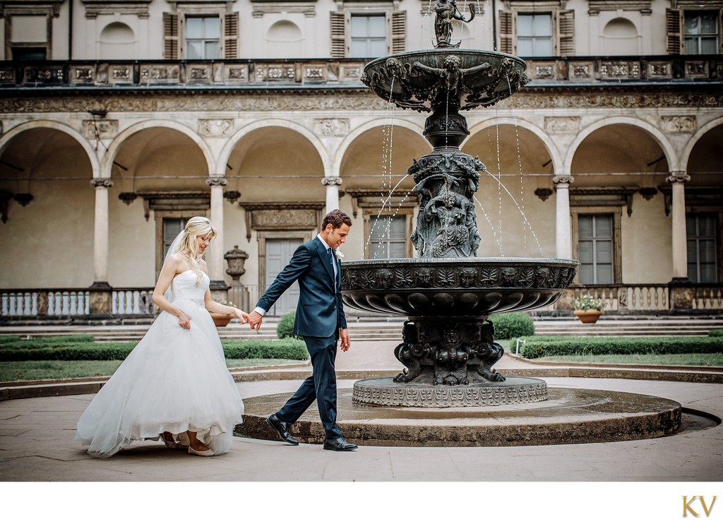 stunning newlyweds touring Belvedere Palace 