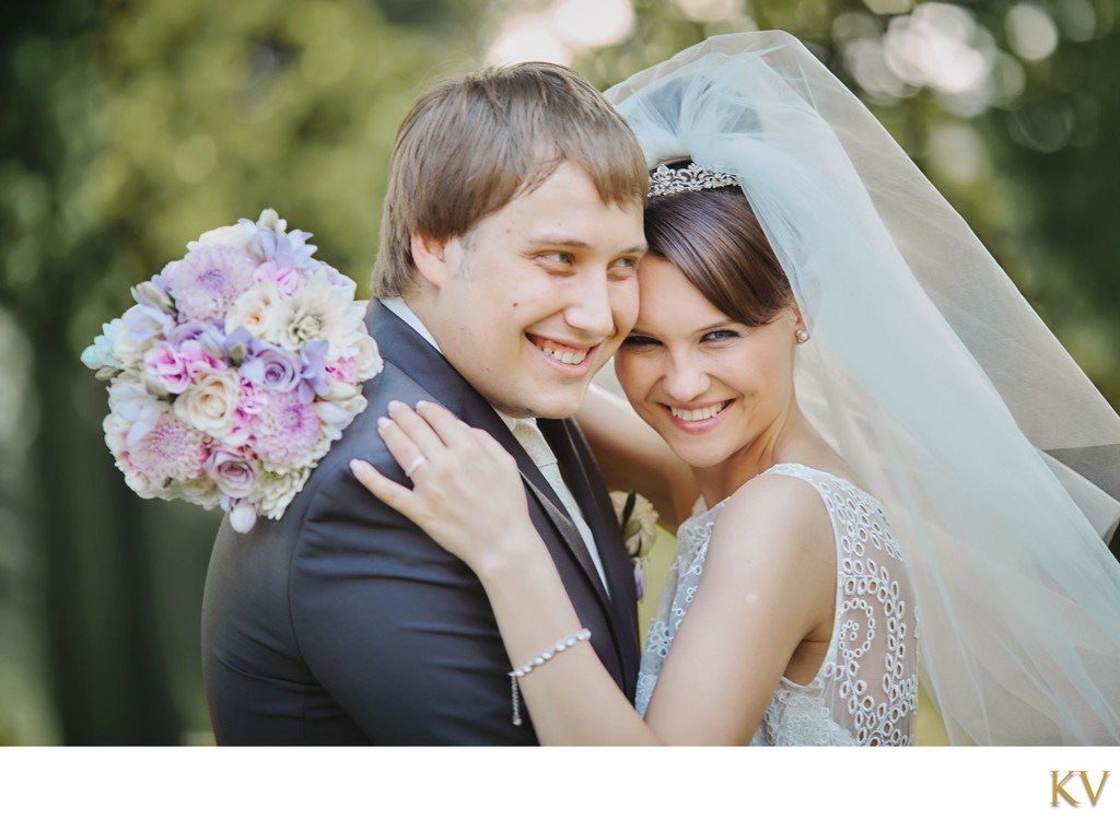 Happy Newlyweds in garden