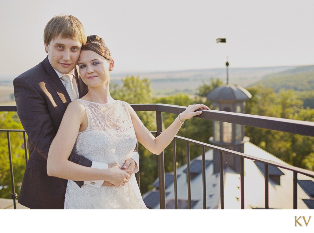 Newlyweds atop chateau