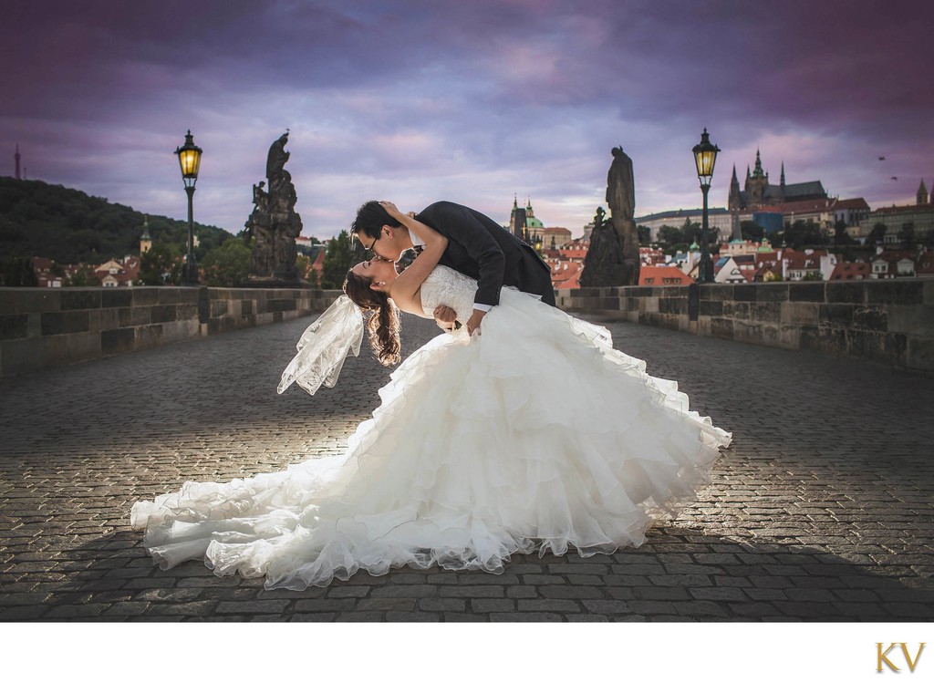 Cinematic, Dramatic, Newlyweds Kiss in Prague