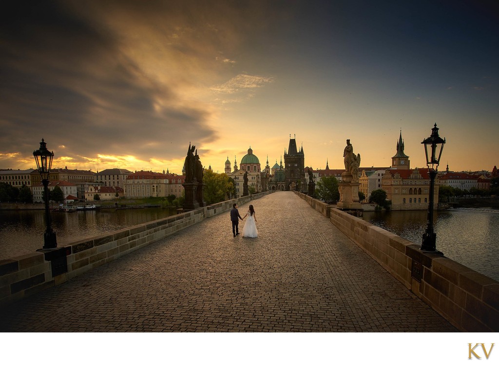 Korean Newlyweds Walking Across Deserted Charles Bridge