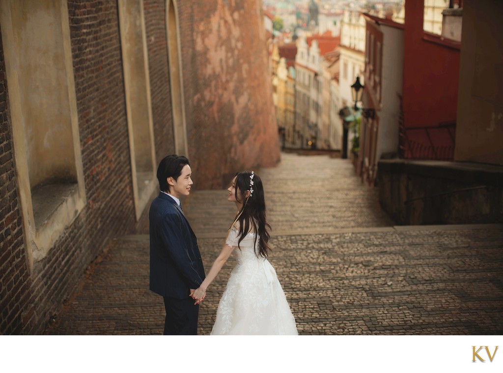 Happy Groom & Bride Castle Steps