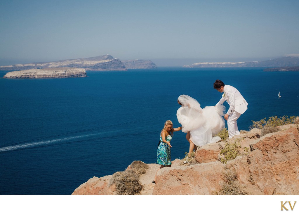 Santorini Newlyweds Location Scouting atop cliffs