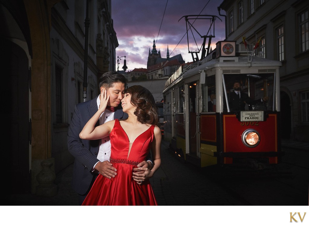 Lovers with the Historical Tram in Mala Strana