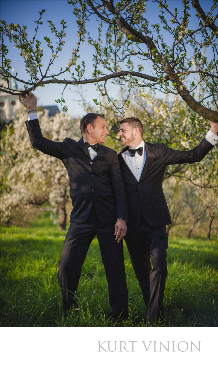 Two sexy guys dressed in tuxedos Prague engagement