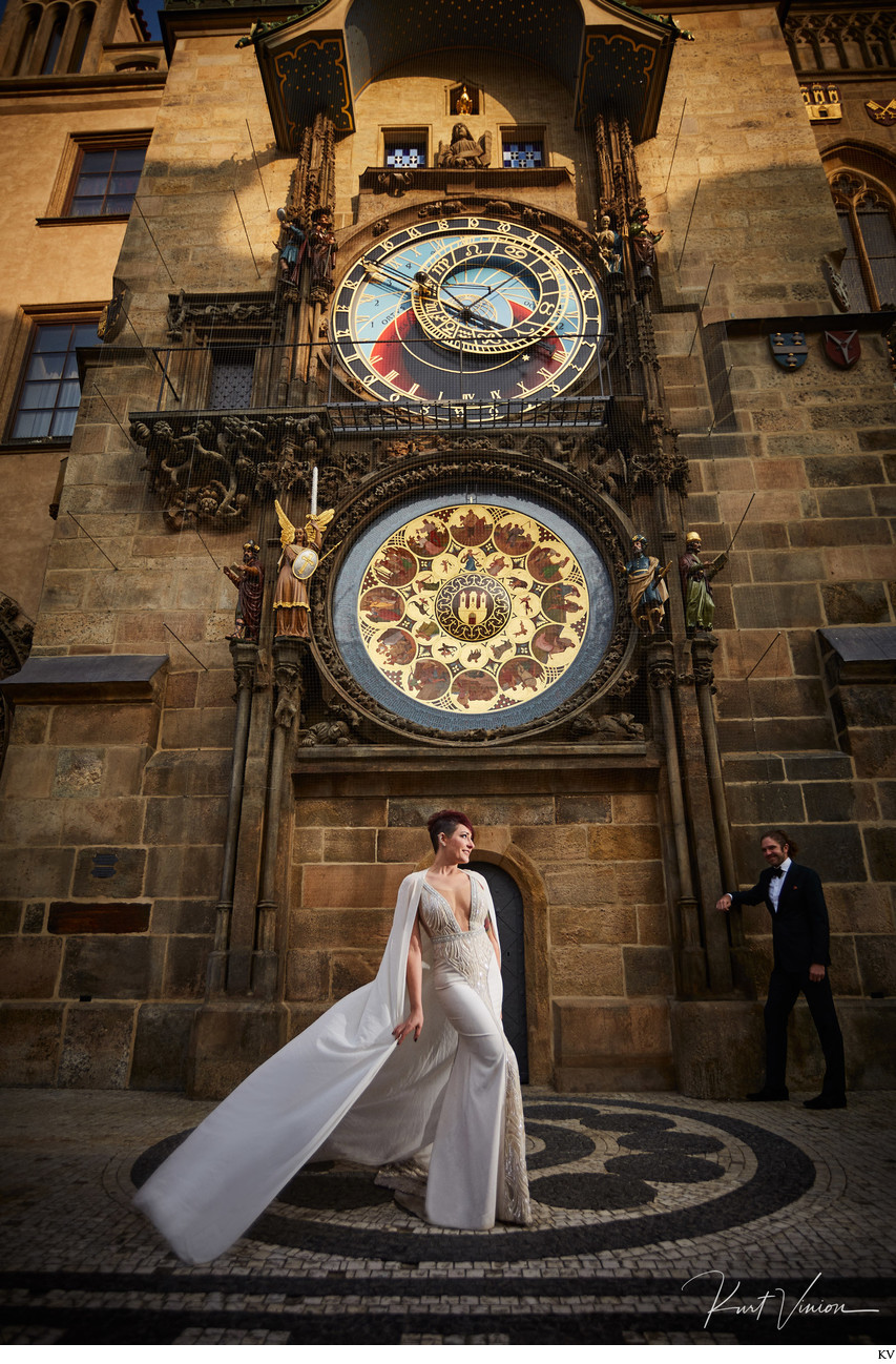 American Bride Wearing a Berta dress at Astronomical Clock