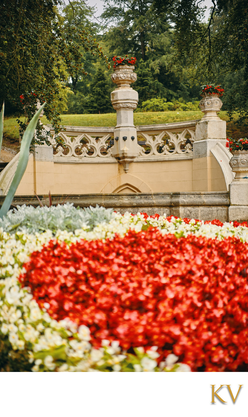 manicured lawn and fountain