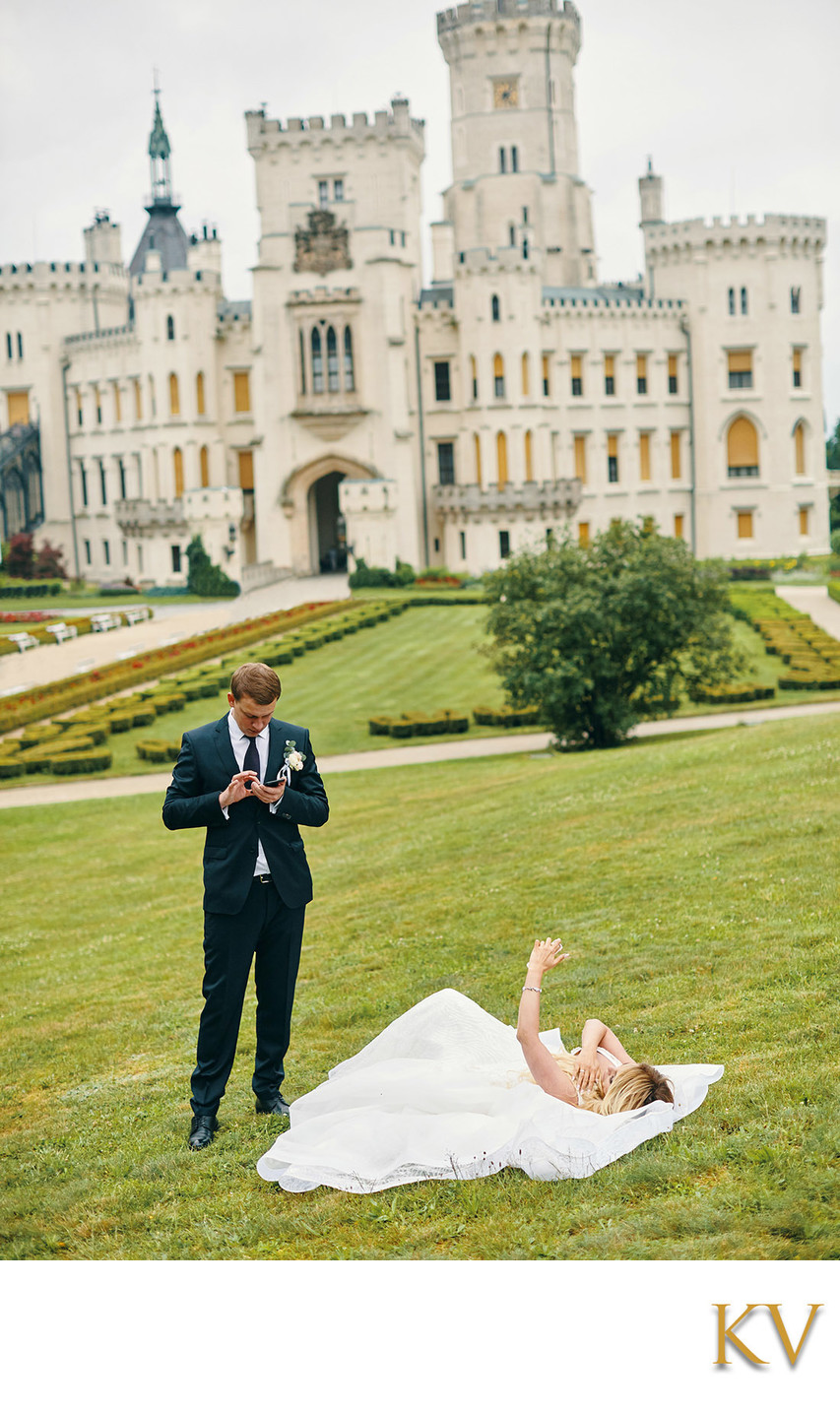 Hluboka nad Vltavou Castle wedding bride in grass