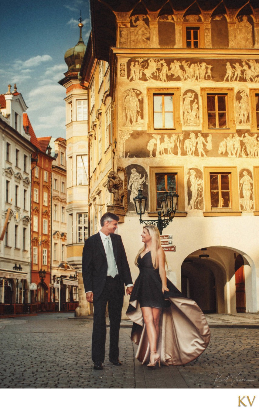 Gorgeous couple wedding anniversary Golden Light Prague