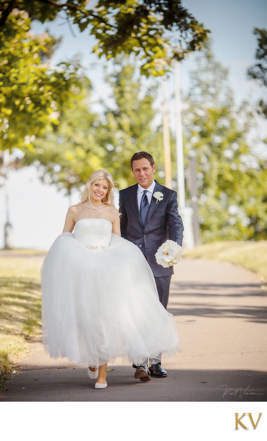 newlyweds stroll through castle