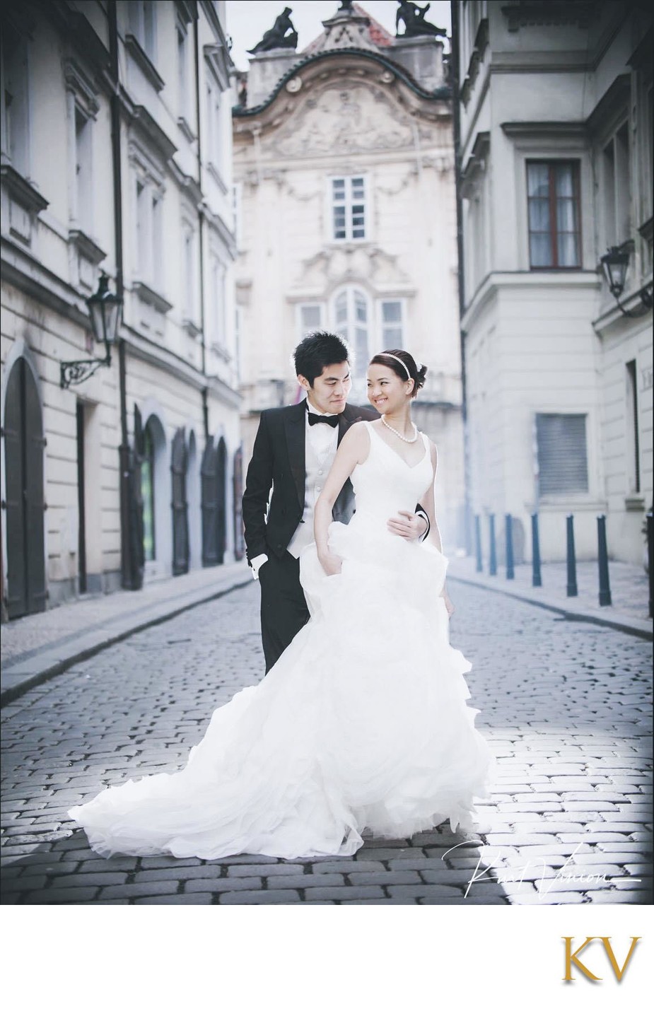 cinematic inspired portrait elegant couple Prague