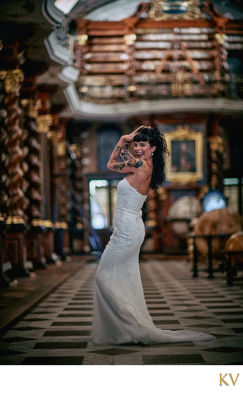 Sexy Bride Posing in LIbrary