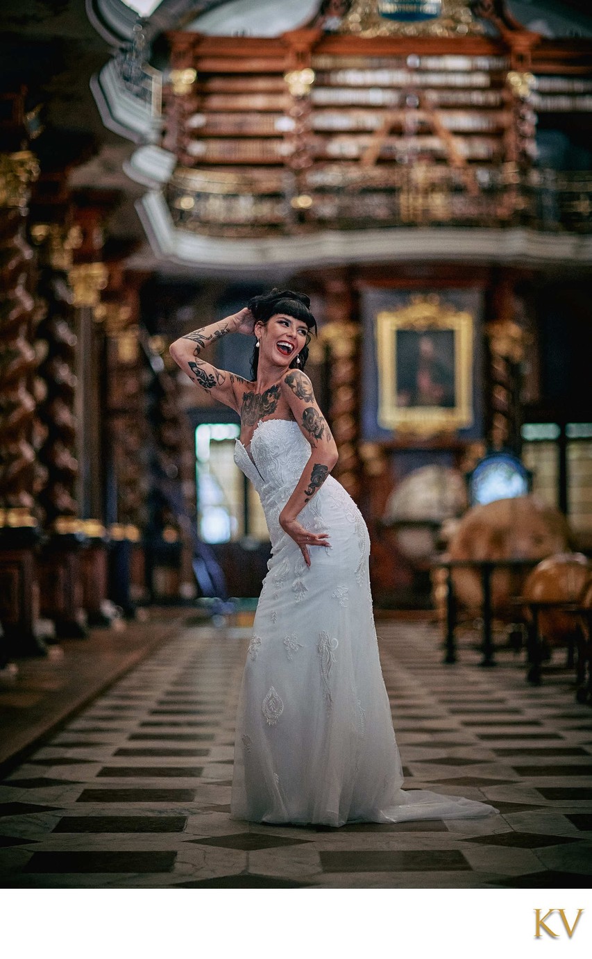 Laughing Bride Trying new poses in Library