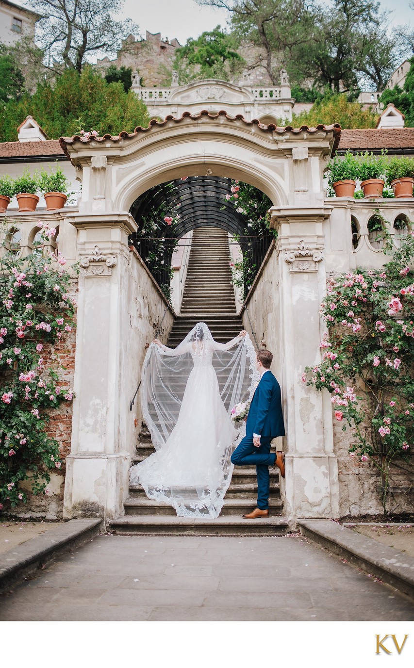 Bride Showcasing Her Wedding Dress Ledebour Garden Prague