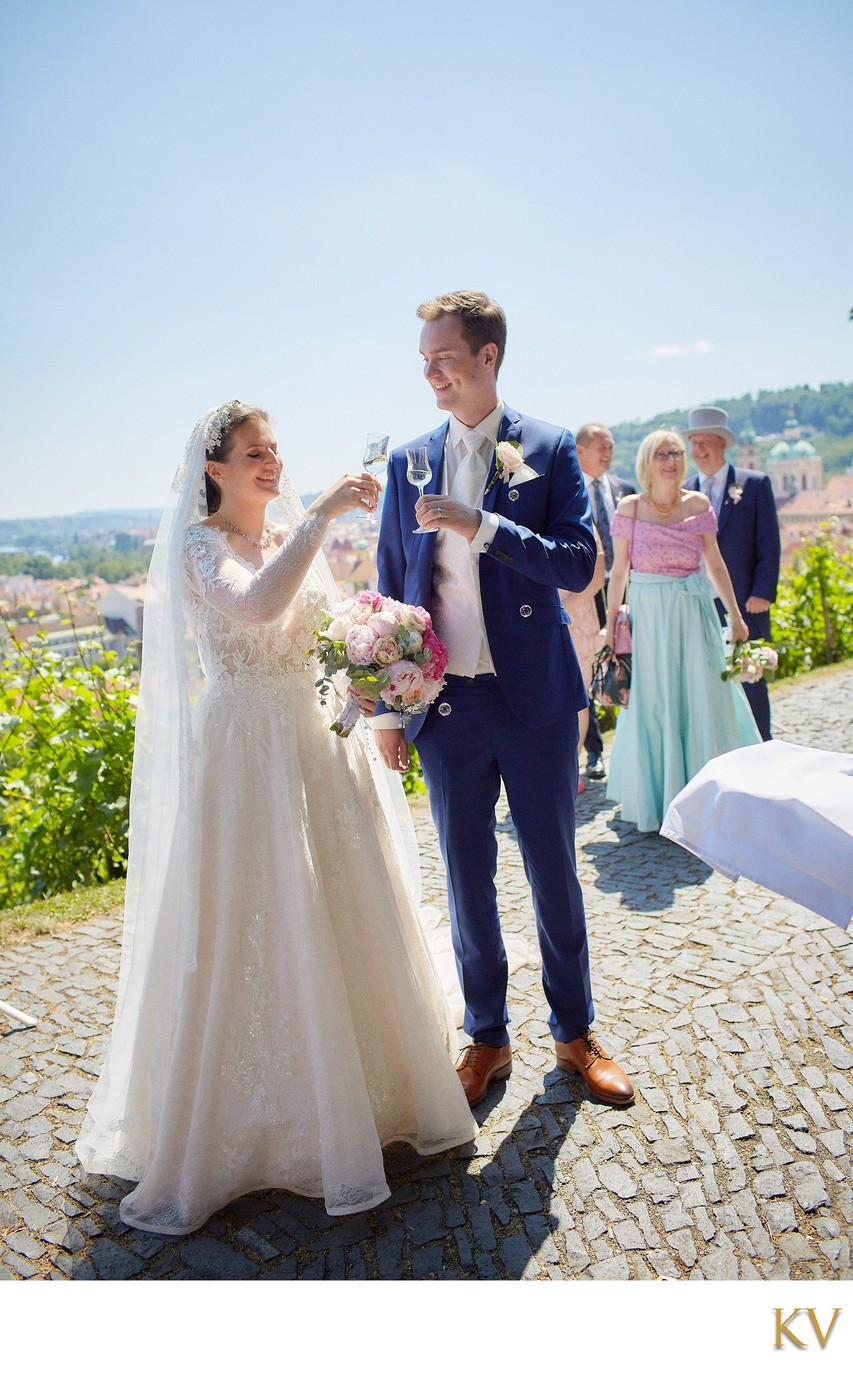 Newlyweds toast at vineyard above Prague