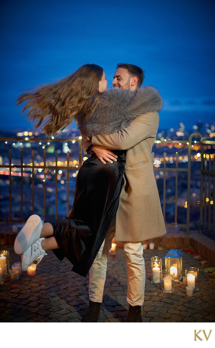 Romantic Prague Marriage Proposal at Night she said yes